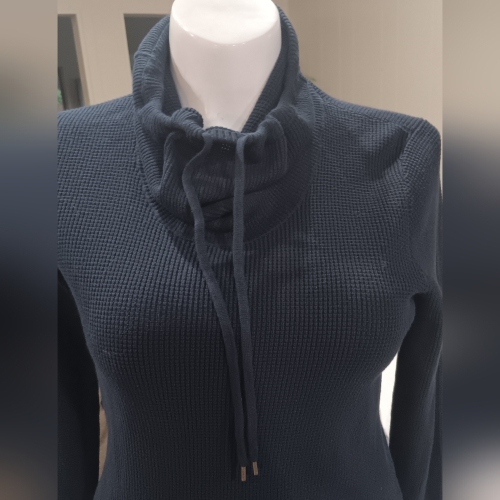 Lauren Ralph Lauren Women’s Navy Blue Waffle Knit Long Sleeve Top Sz L Cowl Neck - Picture 2 of 2